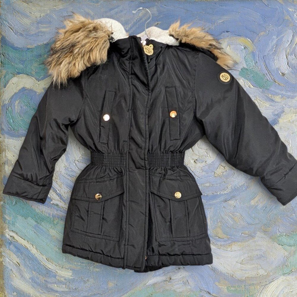 DKNY Girls Black Hooded Puffer Coat Faux Fur Trim Size 5/6 Sherpa Lined Winter J